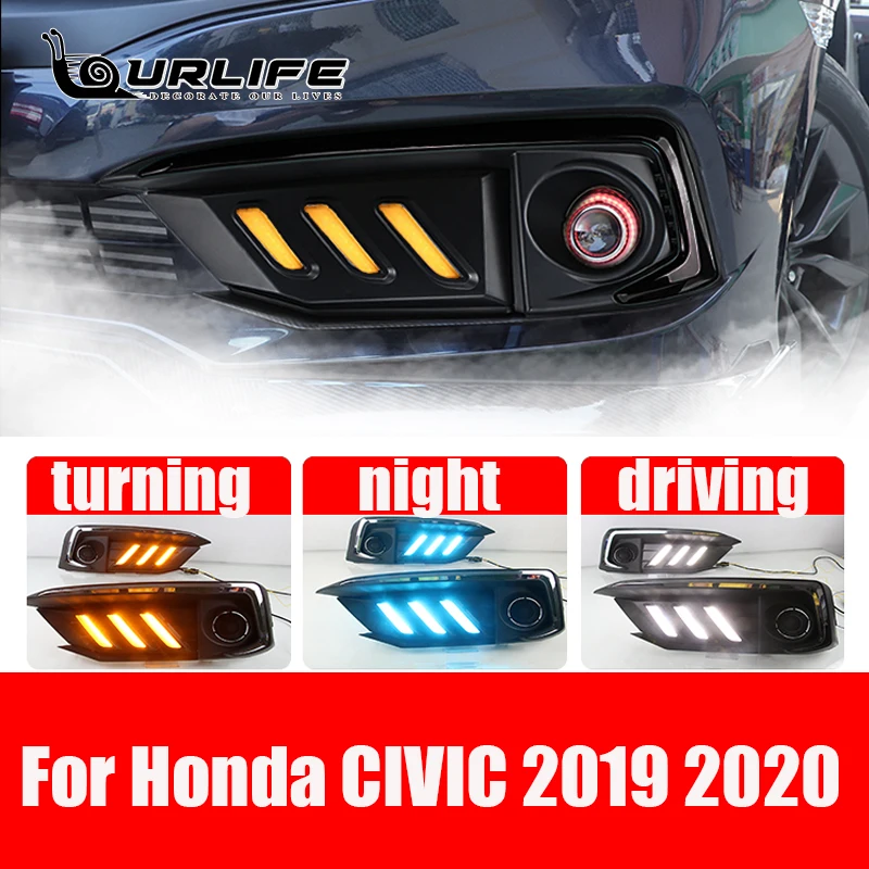 2Pcs LED  Running Light Daylight Yellow Turn Signal Styling Fog Lamp Fit For 2019 2020 Civic FC1 10th CarLight Accessories