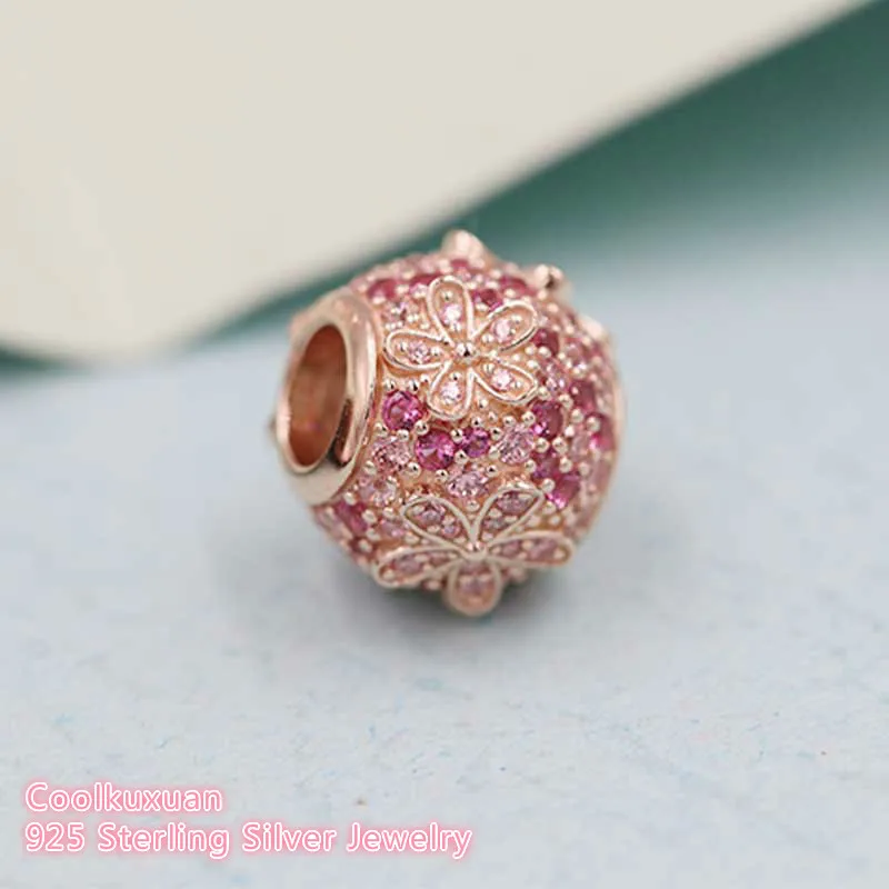 

Spring 100% 925 Sterling Silver Pink Pave Daisy Flower Charm beads Fits Original Pandora bracelets Jewelry Making