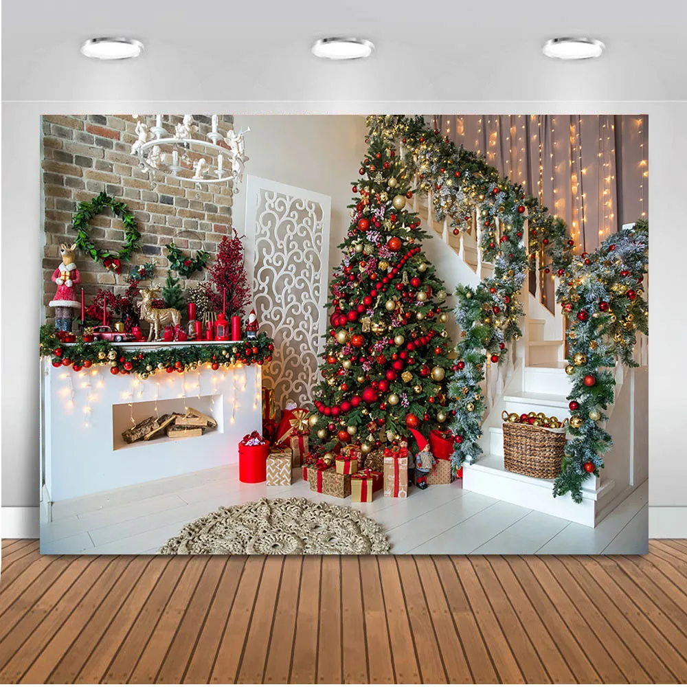 

Christmas Tree Stairs Photography Backdrops Wooden Floor Fireplace Portrait Vinyl Photographic Background Photocall Photo Studio