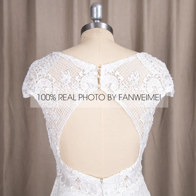 #9221REAL รูปภาพโดย FANWEIMEI คอแขนยาว Backless Lace ชุดเจ้าสาว Gowns กับรถไฟขนาดเล็ก