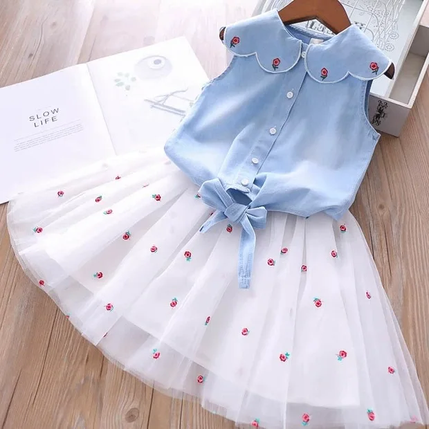 2022 Summer Girls\' Clothing Sets Lace Hollow Tops+Floral Short Skirt 2Pcs Suit Princess Toddler Baby Kids Children Clothes