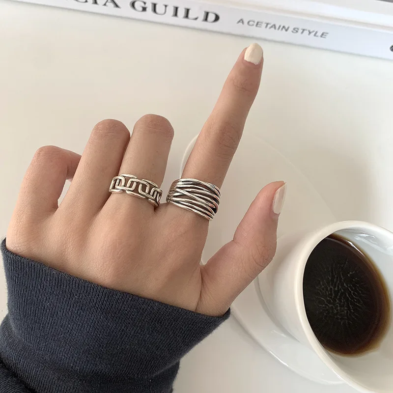 LIVVY Silver Color Multilayer Winding Line Rings Cross Geometric  for Women  Thai Silver Rings Retro Jewelry Gifts