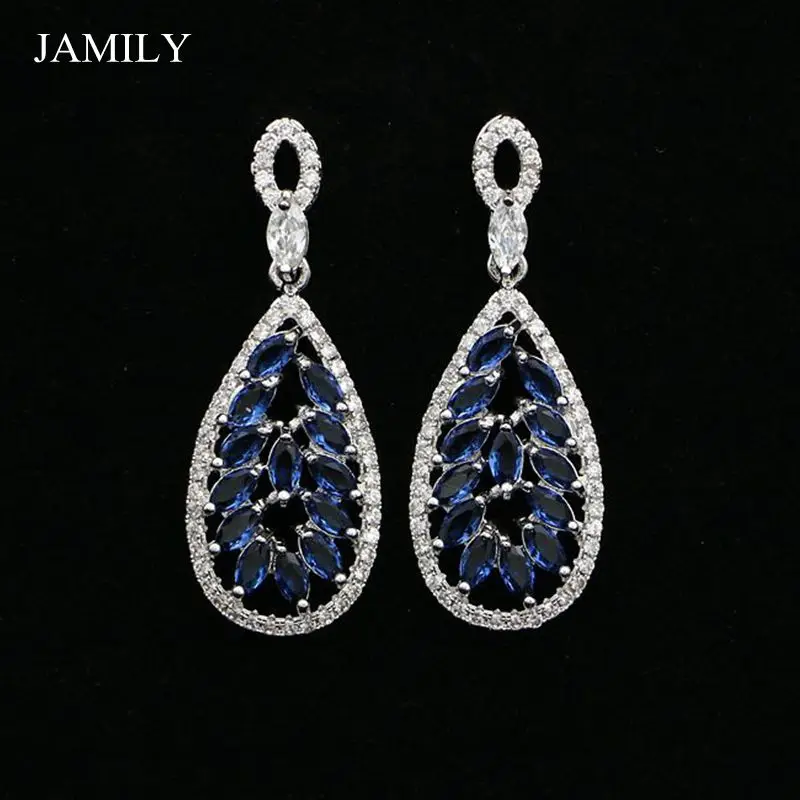 Natural Blue Cubic Zirconia Drop Earrings 925 Sterling Silver Bridal Jewelry Long Earring For Women