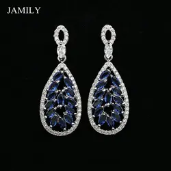 Natural Blue Cubic Zirconia Drop Earrings 925 Sterling Silver Bridal Jewelry Long Earring For Women