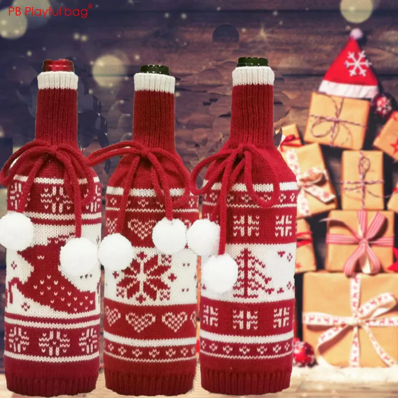 

Playful bag NEW Knitted Christmas wine bottle cover Festival decoration Christmas Tree Deer snowflake housework toy for kid AA42