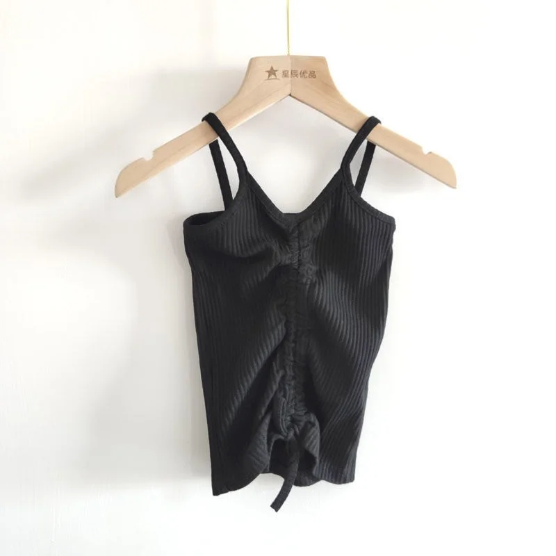 Fashion Baby Girl Cotton Ribbed Vest Infant Toddler Girl Strap Tshirt Sleeveless Tee Top Striped Drawstring Solid 1-7Y