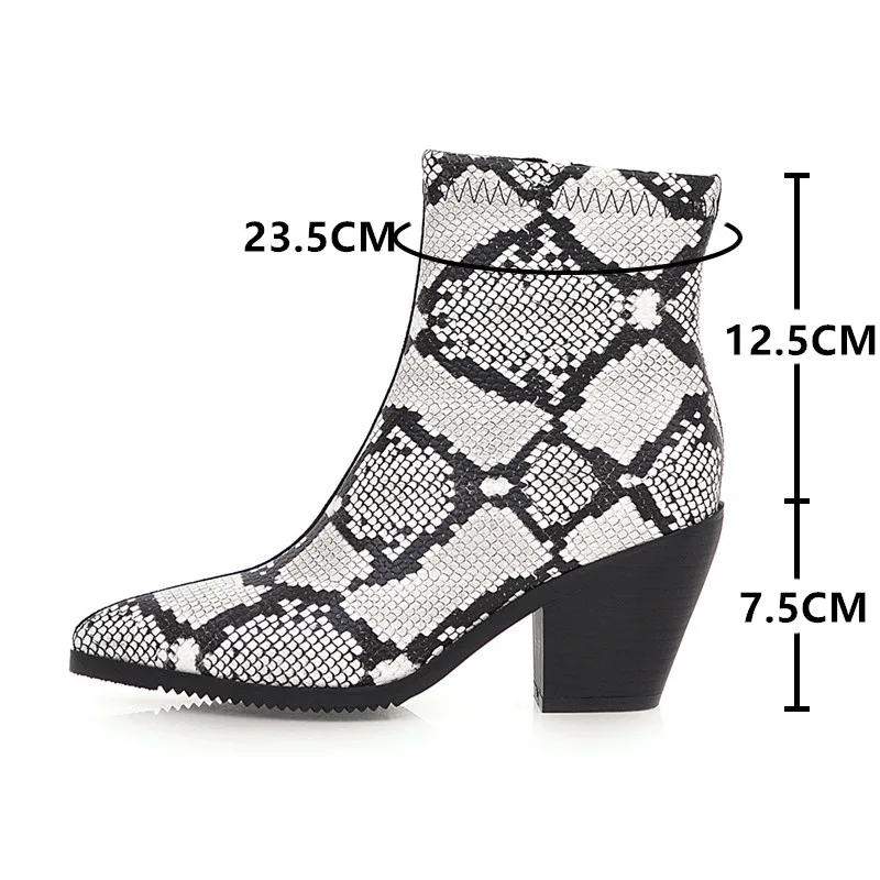 Brand Women Snake Print Winter Boots Women Ankle Boots Platform Pointed Toe Western Cowboy Boots Female Thick Heel Shoes Botas