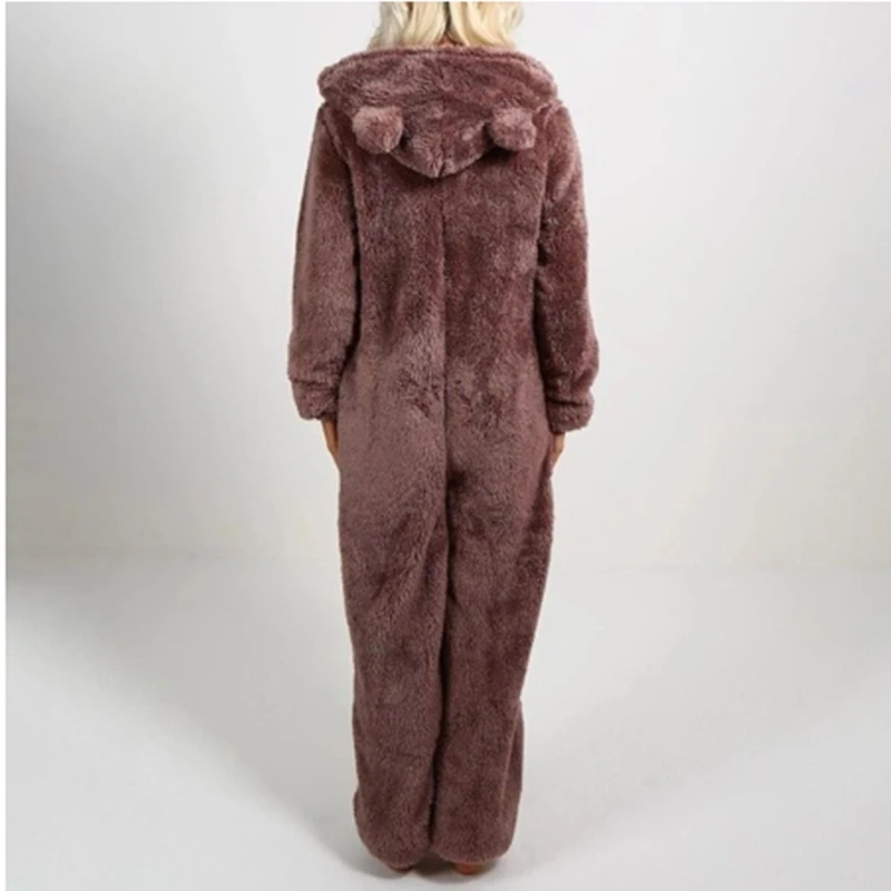 Frauen Warme Fleece Plüsch Mit Kapuze Pyjamas Overall Herbst Winter Einfarbig Langarm Casual Nachtwäsche Homewear