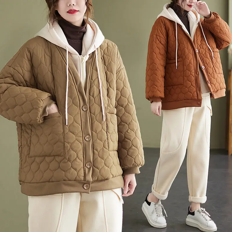 Winter Clothes Female Korean Jacket Loose Large Size Literary Hooded Stitching Fake Two Piece Plus Cotton Thick Padded Coat M145