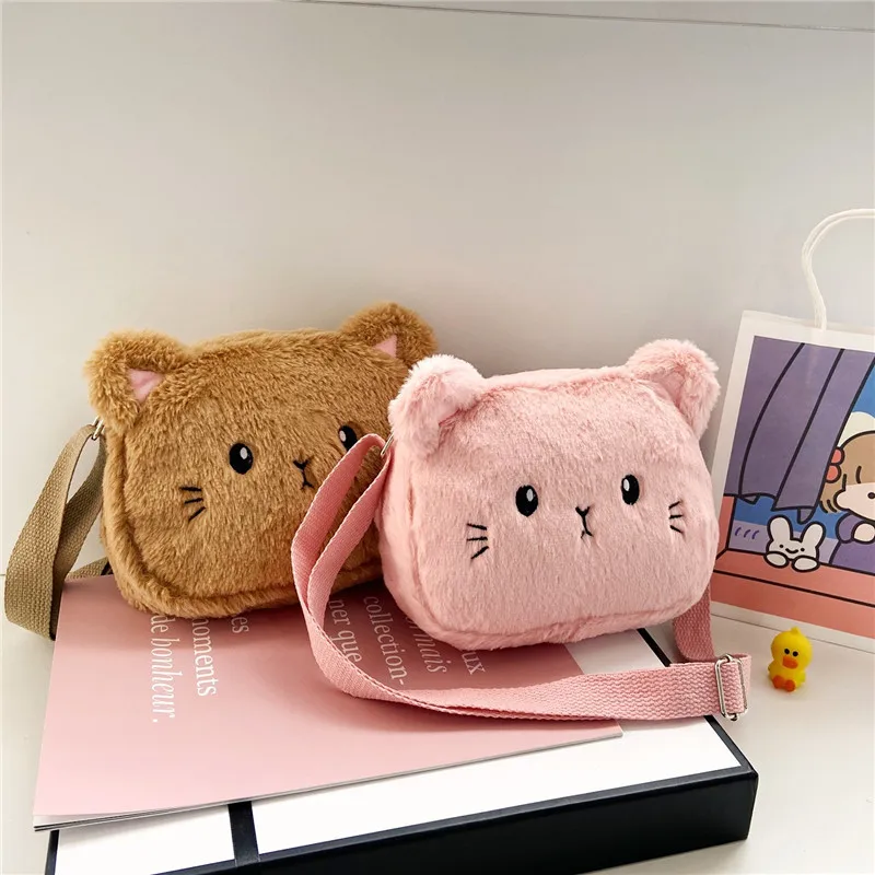 Cartoon Cat Baby Girls Crossbody Bags Cute Soft Plush Children\'s Shoulder Bag Winter Fashion Boys Kids Furry Handbags Coin Purse