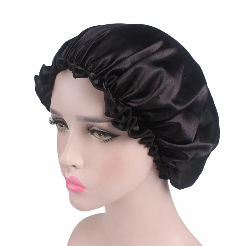 Adults Satin Nightcap Wide-brimmed Hair Loss Cap Solid Color Men Women Sleeping Cap