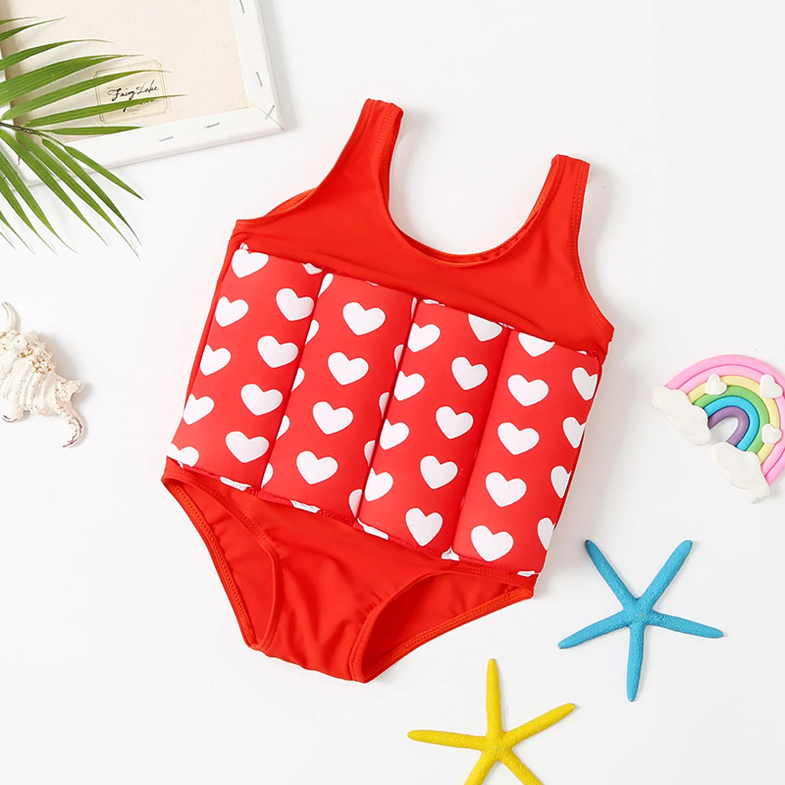 Kids Boys Girls Float Swimwear Cartoon Toddler Floating Swimsuit Removable Buoyancy Sticks Summer Swimming Beginner Suit 3-8Y