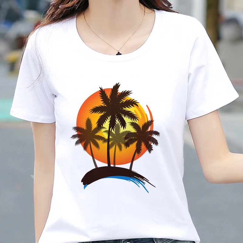 

Beautiful scenery T shirt Women tree & sun print Harajuku Tshirt Short Sleeve hipster fashion T-shirt White Tops Female Clothing