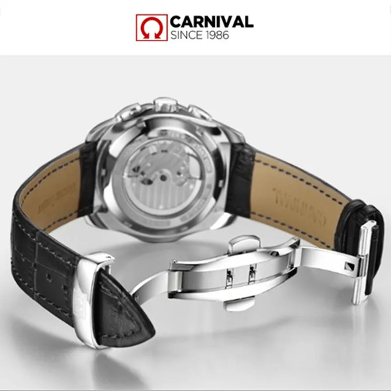 Automatic mechanical Carnival brand men wristwatches fashion luxury leather strap watch waterproof sapphire clock relogio reloj