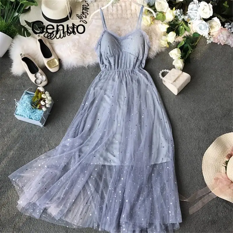 

Sequined Party Dress Stars V-neck Sleeveless Vestidos Sexy Dresses Summer Patchwork New Long Dresses