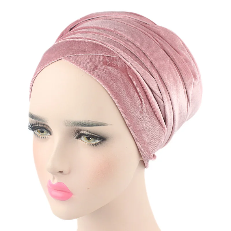 Solid Color Velvet Hijab Turban Caps for Women Muslim Head Scarf Hat Long Tail African Wraps Cap Islamic Under Scarf Bonnet