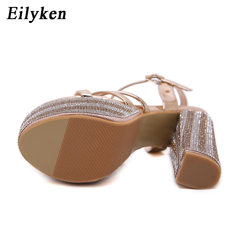 Eilyken Crystal Rhinestone Platform Thick High Heel Women Sandals Sexy Peep Toe Ankle Buckle Strap Party Gladiator Shoes