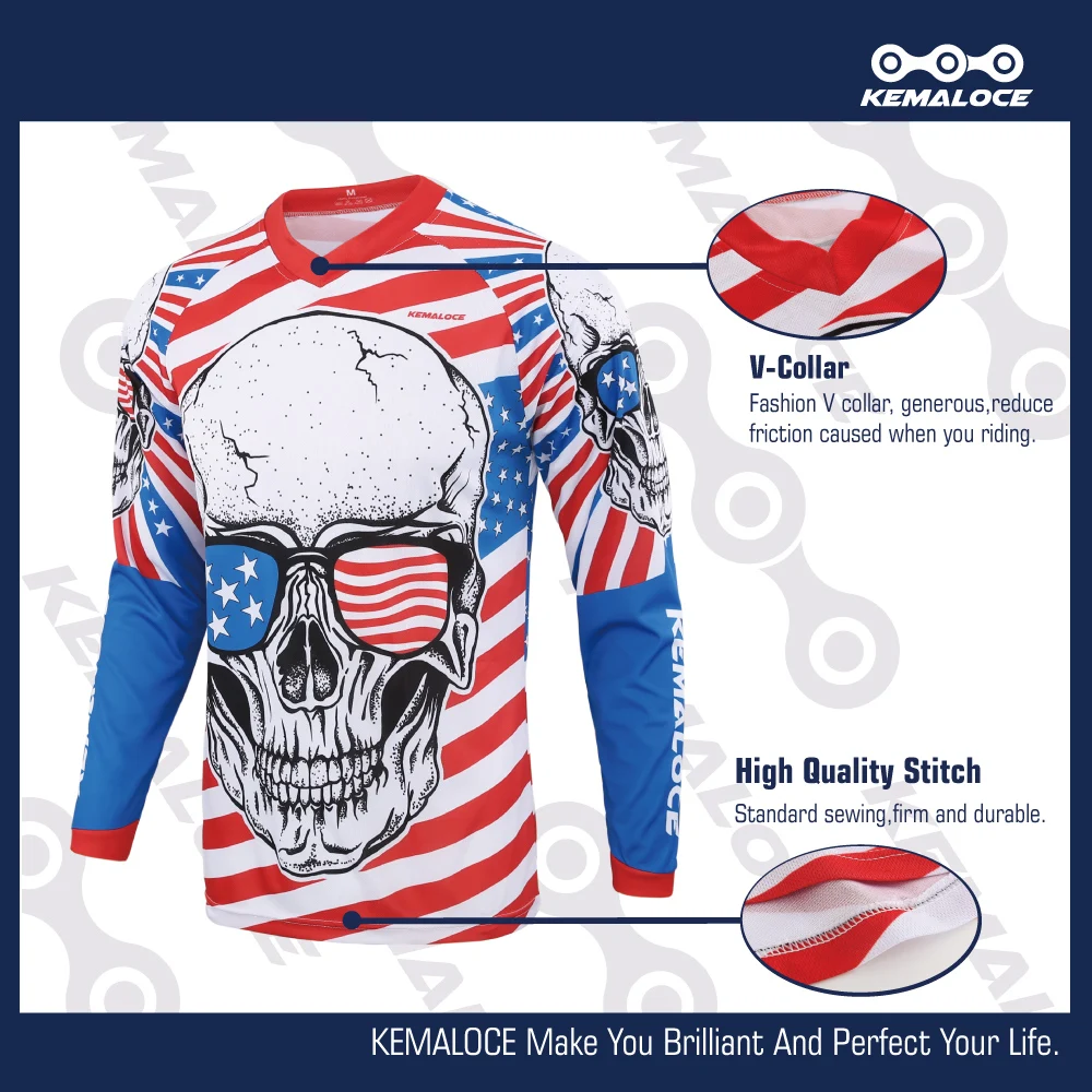 KEMALOCE Blue Full Sleeve Downhill Mtb Jersey Enduro Motocross Men USA Mountain Bike Jersey Unisex Skull BMX Downhill Shirt Tops