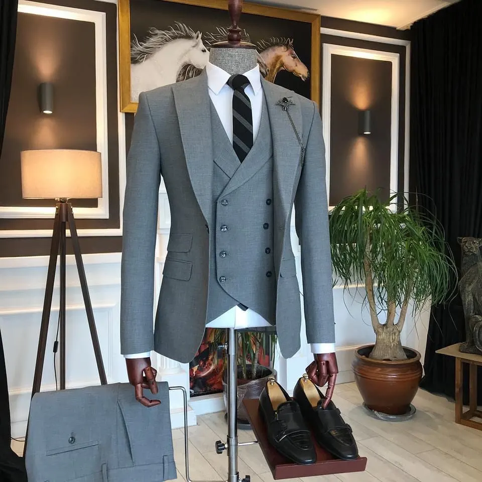 

(Jacket+Pants+Vest) New Design Grey Male Suit 3 Piece Groomsman For Wedding Formal Prom Suit Party Evening Blazer Custom Made