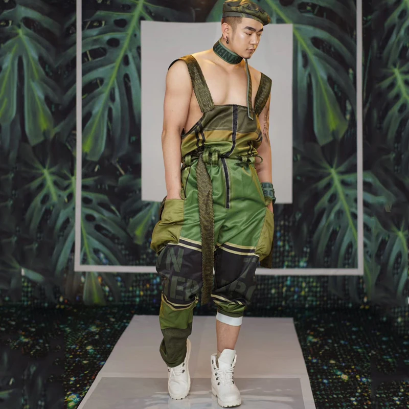 

New Nightclub Men Dance Costume Green Rompers Jumpsuit Gogo Dance Festival Outfits Forest Party Stage Wear Man dj Costume DJ1171