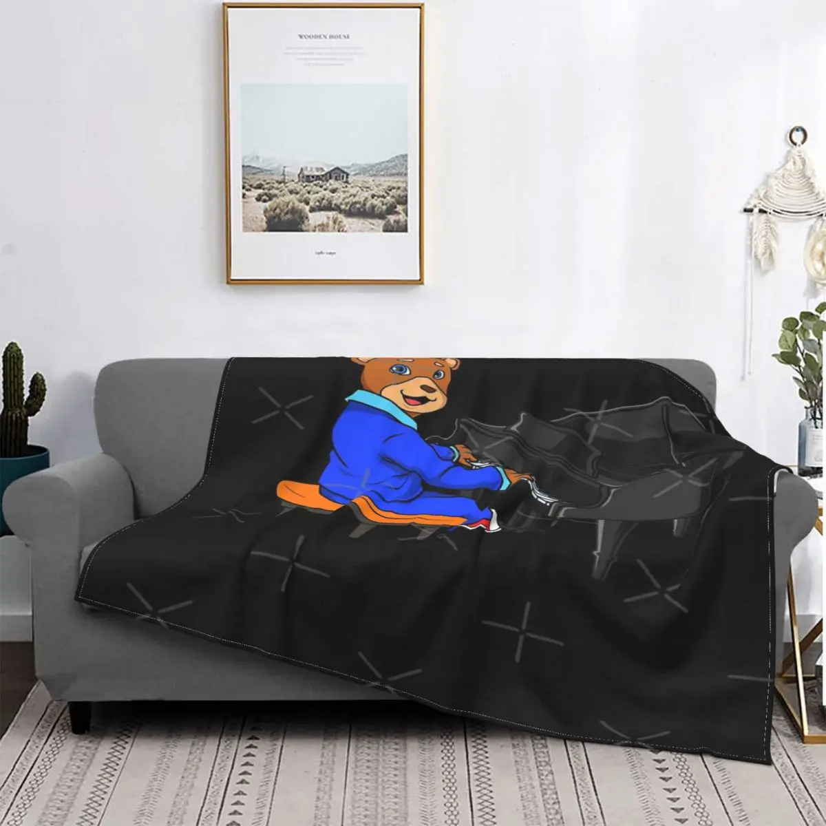 Manta a cuadros con diseño de oso de cómic para cama, colcha con diseño de Piano, a cuadros