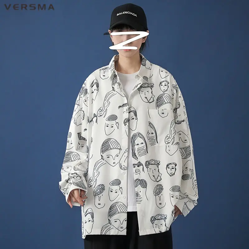 

VERSMA Japanese Harajuku Graffiti Print Casual Shirt Men Women Autumn Hip Hop Streetwear Vintage Couple Shirts Men Dropshipping