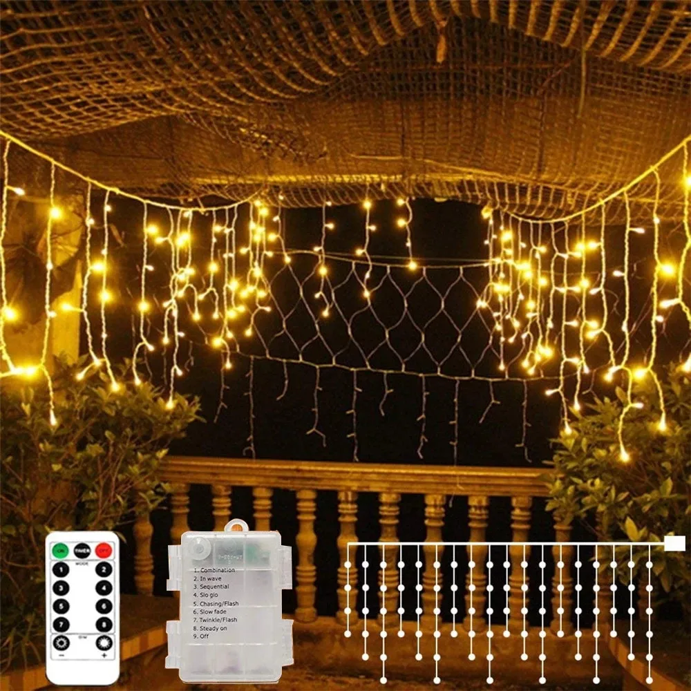 

3.5M 96 LED Icicle Lights Window Curtain String Light 8 Modes USB Battery OperatedIndoor Outdoor Wedding Party Home Garden