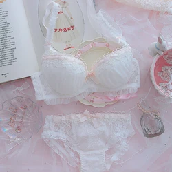 Wriufred Sweet lace princess girl lingerie underpants heart cute loli small chest gathered bra sexy steel ring underwear set