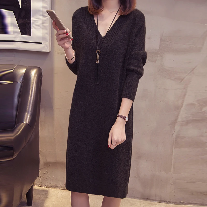 Autumn Winter Women Long Sweater 2023 New Loose V-Neck Long Sleeve Knit Pullover Clothes Lady Casual Femmes knit Dress