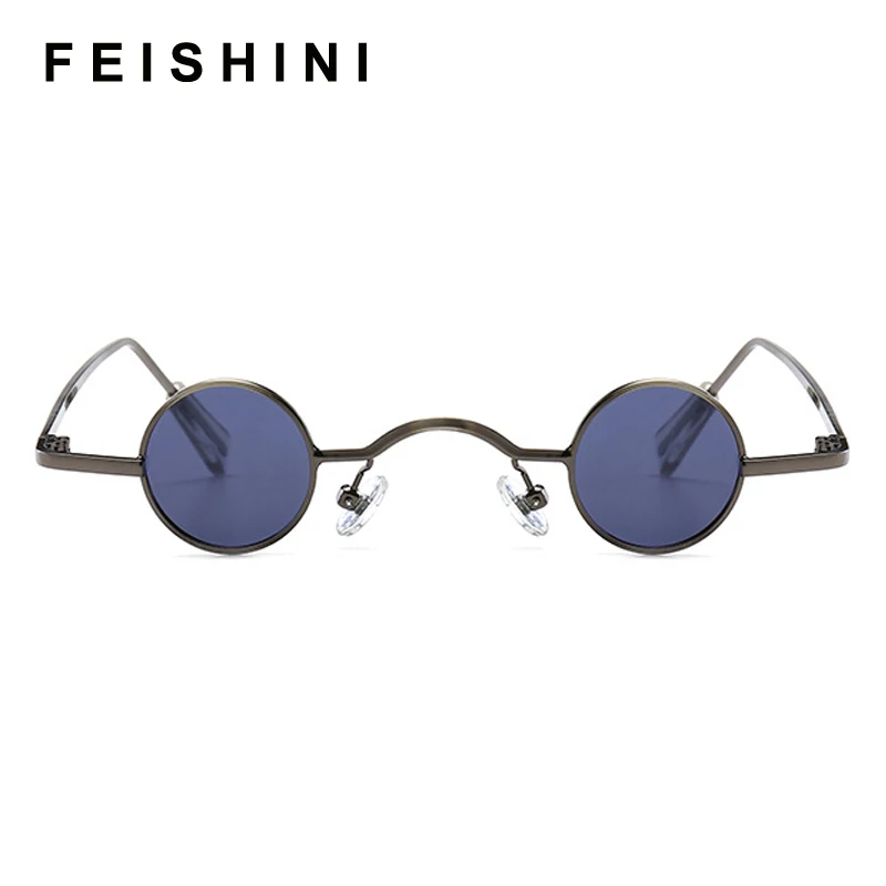 

FEISHINI Blue Classic Vintage Gothic Vampire Round Sunglasses Men Small SteamPunk Brand Design Glasses Oculos De Sol