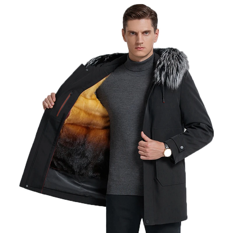 

Men Mid-length Outdoor Fur Coats Luxury Men Winter Jackets Warm Fox Fur Collar Black Coats Jackets Winter, Big Sizes M-4XL