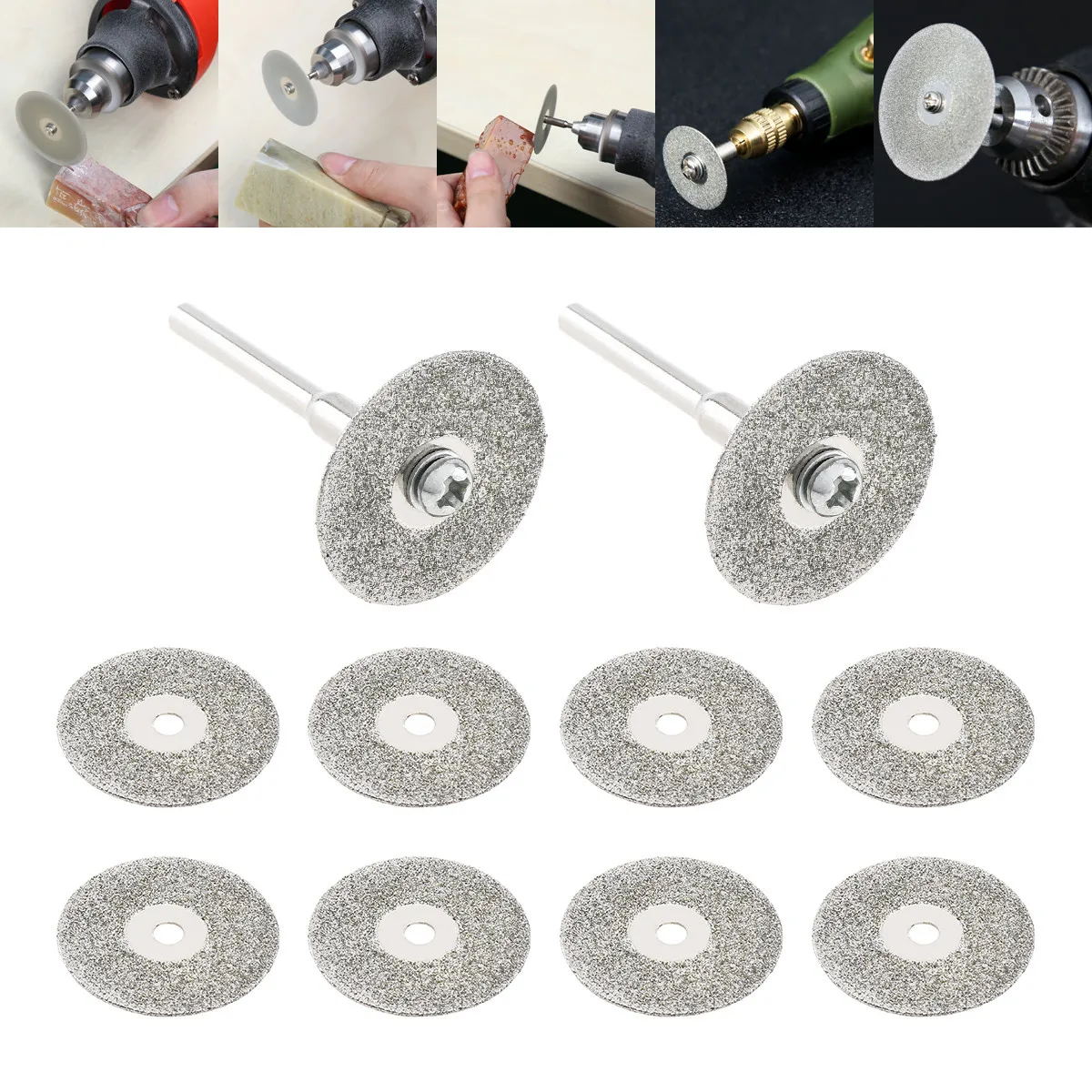 10pcs/set 22mm Diamond Cutting Disc Disk Circular Saw Blade with 2pcs 3mm Diameter Fixed Rod for Wood Glass Metal Stone Cutting