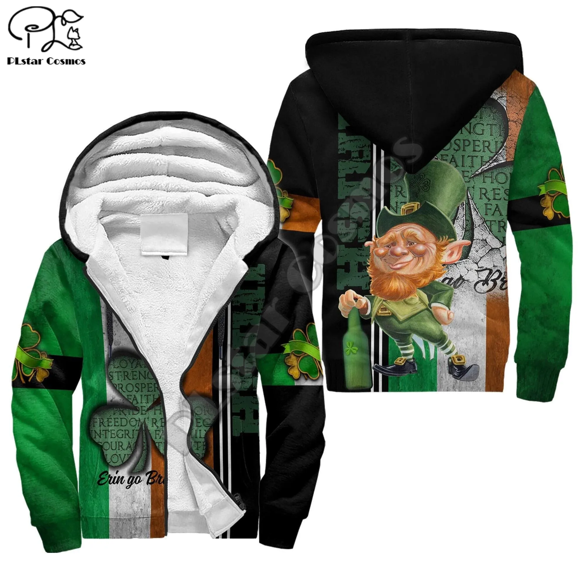 PLstar Cosmos Irish Saint Patrick Day 3D Print Winter Clothing Casual Warm Hood Thick Coat Zipper Man Fleece Hoodies Jacket D27