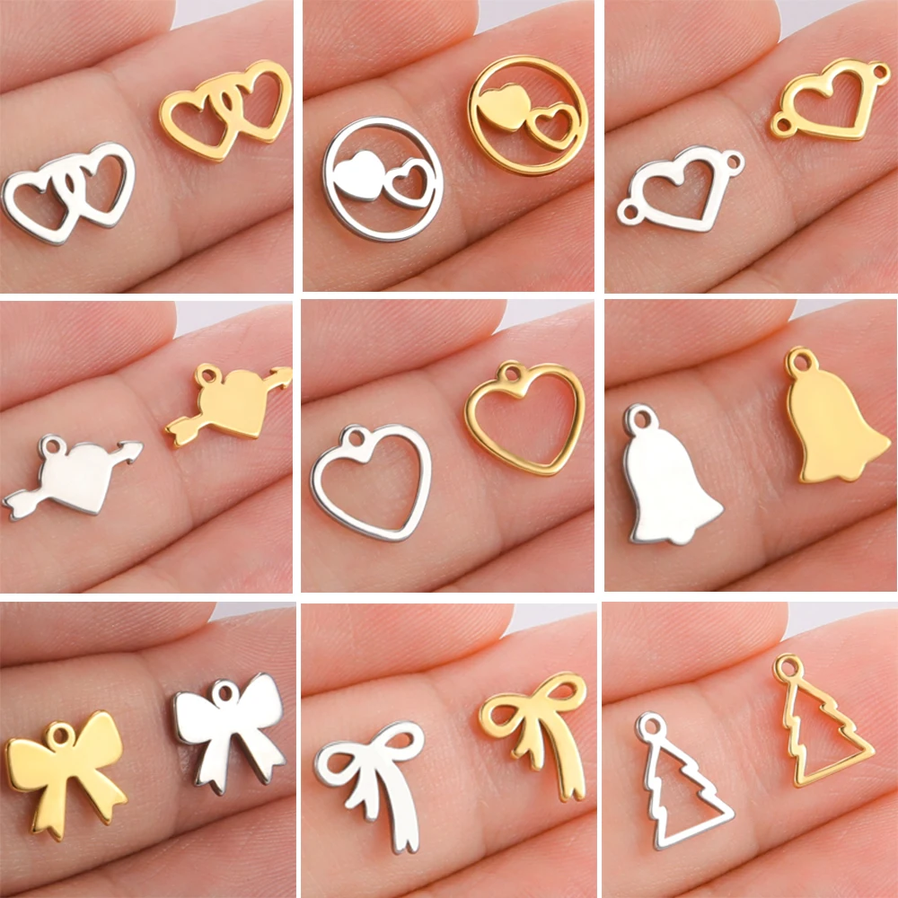 5pcs/lot Stainless Steel DIY Charms for Jewelry Making Heart Bowknot Valentine Tree Bell Pendants for Necklace Bracelet Earring