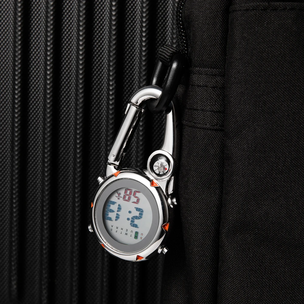 Digital Carabiner Watch Outdoor Sport Climbing  Silver Clip-On Quartz Pocket Watches Vintage Compass Clock Reloj De Bolsill