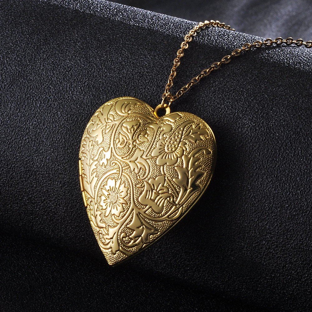 2Pcs/lot Big Heart Photo Frame Locket Box Copper Gold Color Steel Color Tone Necklace For Man Woman Vintage Jewelry Necklace