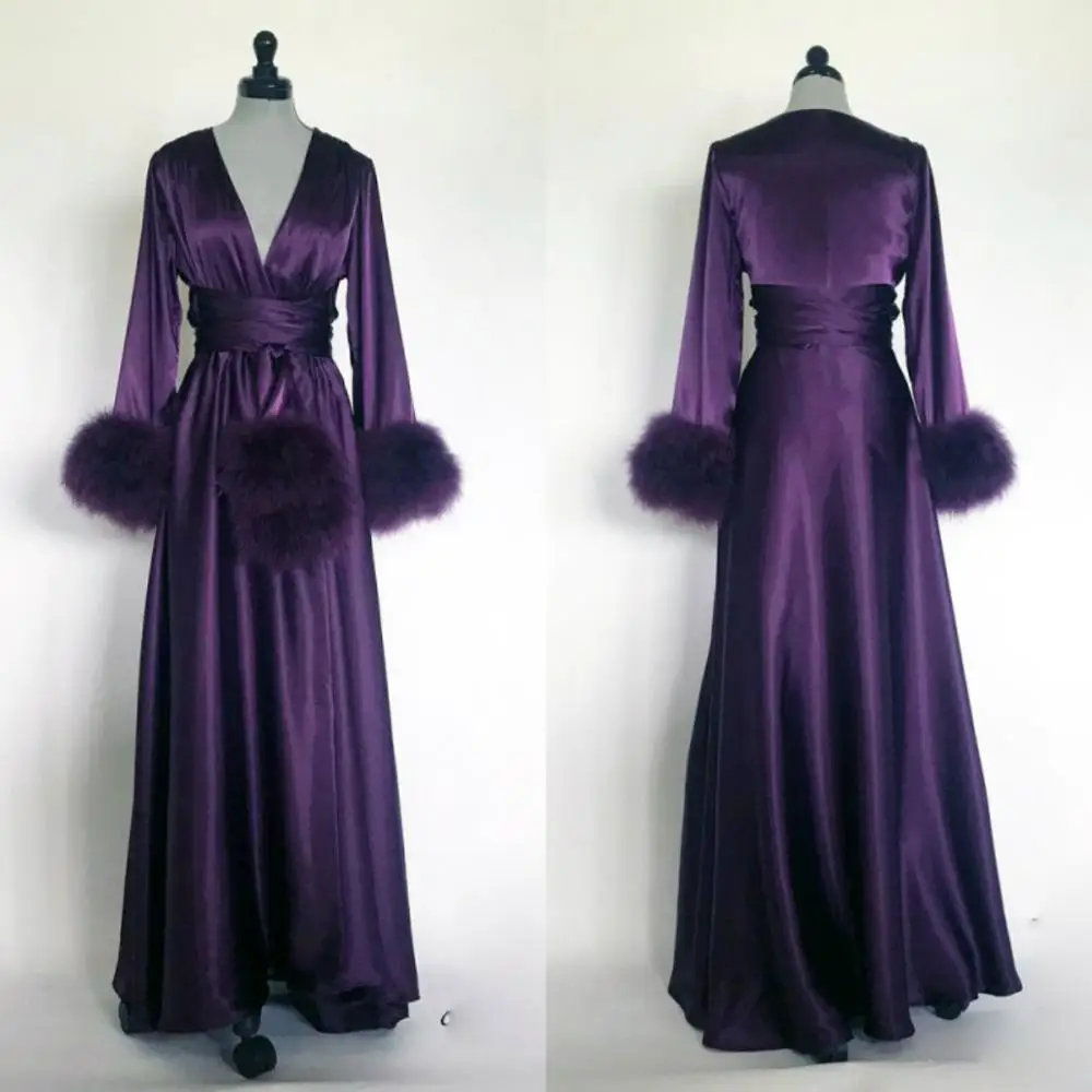 

2020 Charming Purple Night Robe Long Sleeves Fur Party Celebrity Sleepwear Cheap Nightgowns Robes