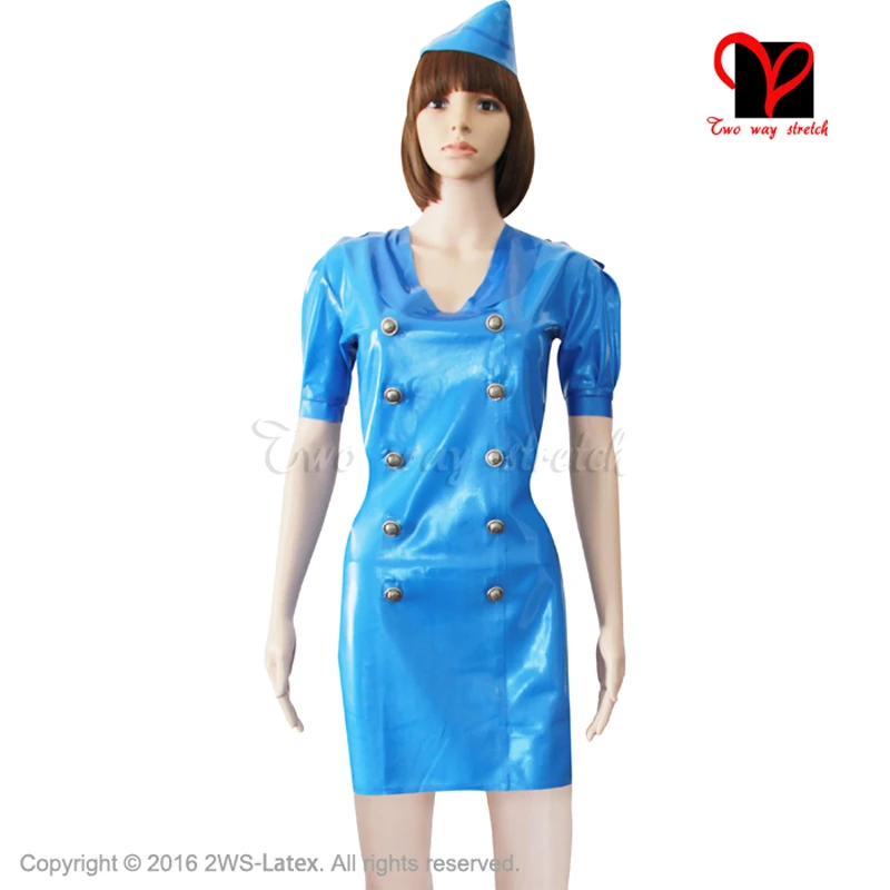 

Sexy Blue Cosplay Latex Dress Air hostess double breasted uniform Rubber Playsuit side Wedge plus size Bodycon XXXL QZ-016