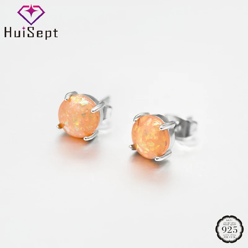 

HuiSept Fashion Stud Earrings Silver 925 Jewelry for Women 8mm Round Opal Gemstone Earring Wedding Engagement Party Accessories