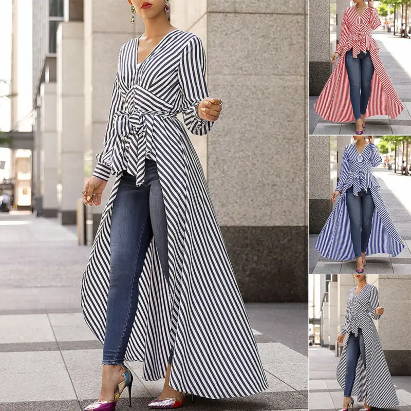 Fashion Women Stripe Long Sleeve Blouse Shirt V-Neck Maxi Dress Tunic Casual Long Tops Business office lady Dress