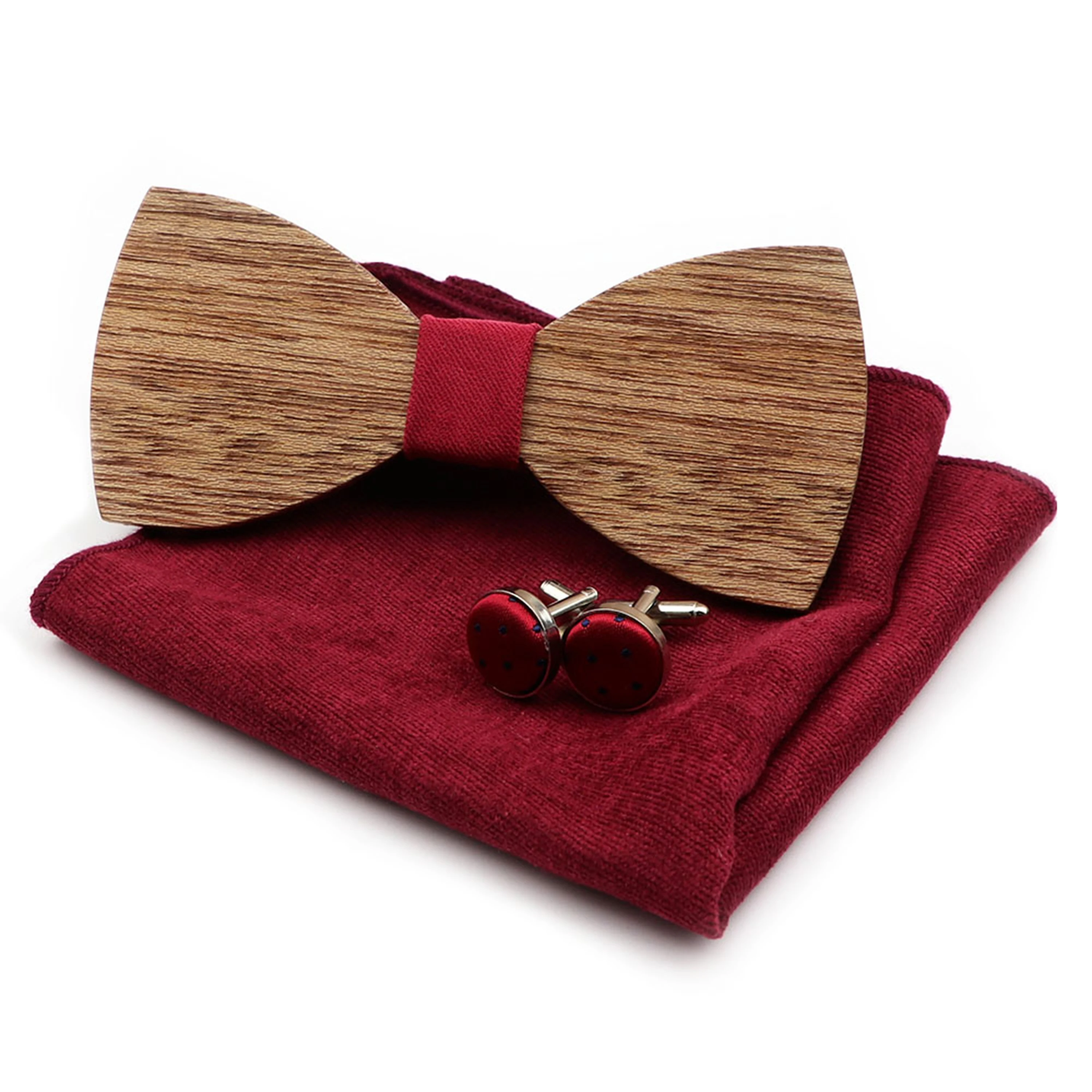 Fashion New Wooden Bowtie Handkerchief Cufflinks Set Handmade Men's Solid Wood Bow Tie Round Cuff Link Super Soft Pocket Square