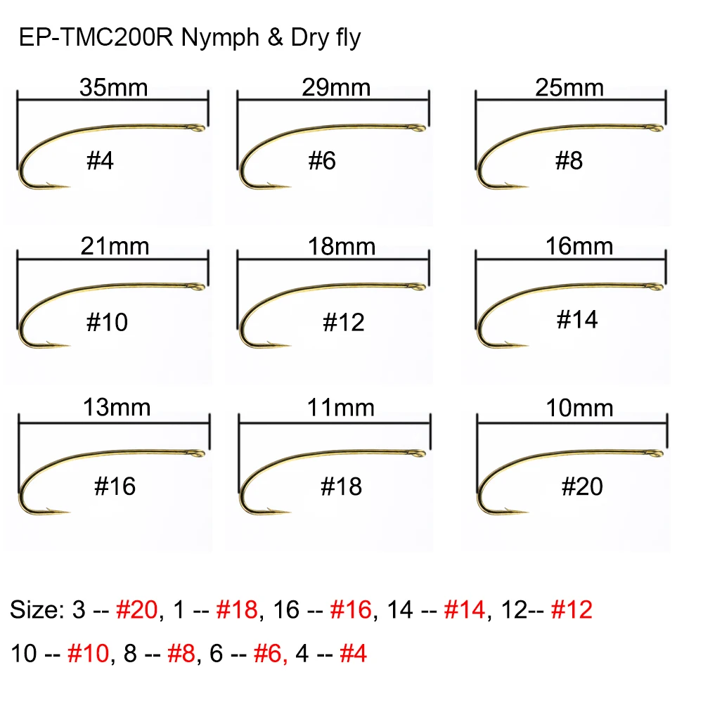 100pcs Eupheng EP-TMC200R Nymph Dry Fly Hook Standard Wire 3X Long Straight Eye Semidropped Point Forged Fly Fishing Hooks