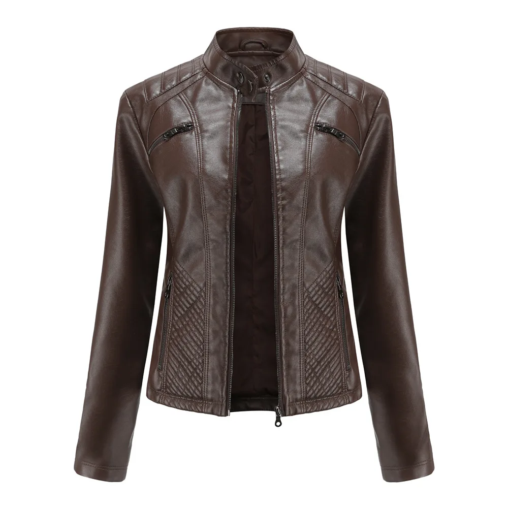 Spring New Casual Women Leather Jacket Stand Collar Slim Fit Short PU Leather Coat Solid Classic Female Outerwear image 3