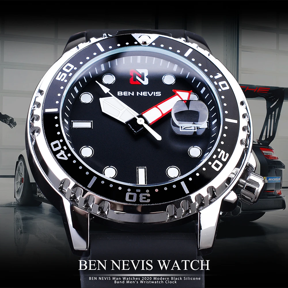 Men Sport Watch with Rubber Strap BEN NEVIS Black Waterproof Quartz Watches Male with Gift Box Luminous Hands Relógio Masculino