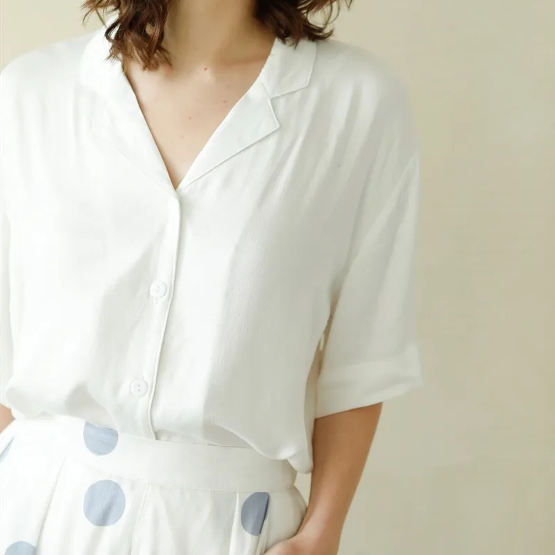 Summer Casual 100% Viscose Women\'s White Short Sleeve Pajama Sets Blue Dot Ankle-Length Pants Loose Comfortable Sleepwear Suits