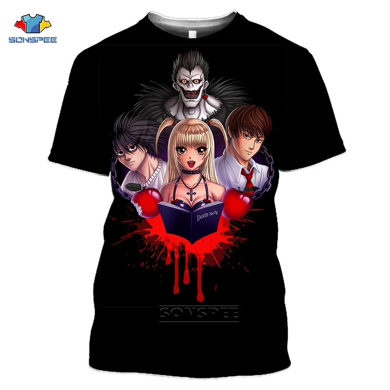 SONSPEE Japan Harajuku Anime Death Note Tshirt Man 3d Print Summer Short Sleev Black T Shirt Women Horror Cartoon Death-Note Top