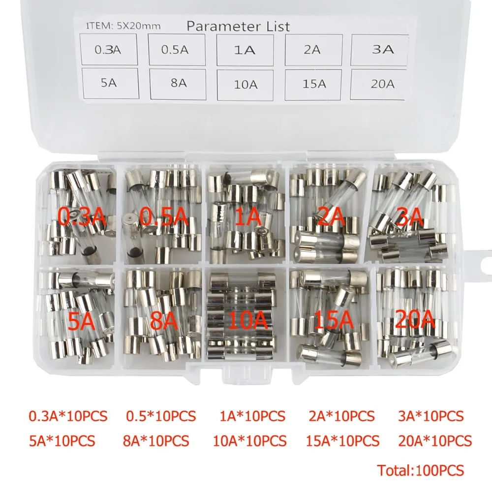 100-teiliges Set 5x20mm Schnellschmelz-Glasrohr-Sicherungen, Sortierte Kombinations-Kits, Schnellwirkende Glassicherungen 0,3A 0,5A 1A 2A 3A 5A 8A 10A 15A 2 – Detail 3