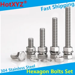 304 Stainless Steel Hex Head Screws Nuts Flat Washers Lock Washers Kits Hexagon Bolts Set M3 M4 M5 M6 M8 M10 M12 M14 M16