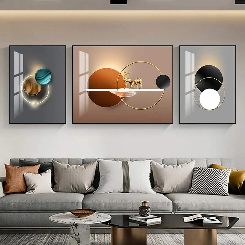 3 Piece Nordic Luxury Geometry Circle Light Canvas Painting Wall Art Abstract Posters and Prints for Living Room Decor Cuadros