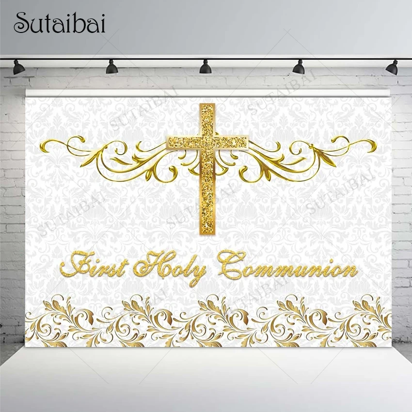 

First Holy Communion Banners Golden Glitter Cross Damask Photobooth Party Backdrops Baby Showers Events Wallpaper Decor
